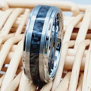 Silver Tungsten Carbide Ring – Black Carbon Fiber Inlay W163